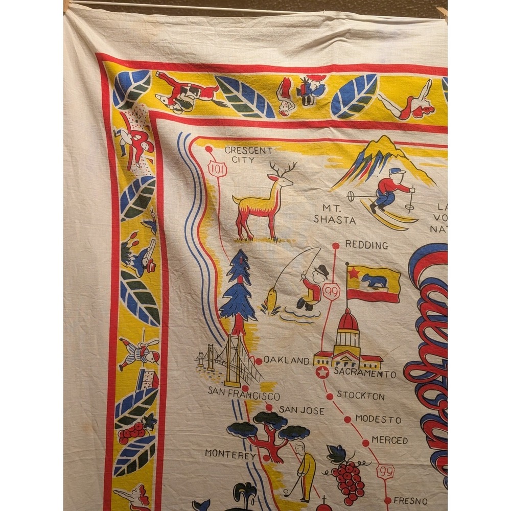 Vintage California Map Souvenir Linen Tablecloth Bandana‎ Tourist Kitsch - Picture 11 of 11